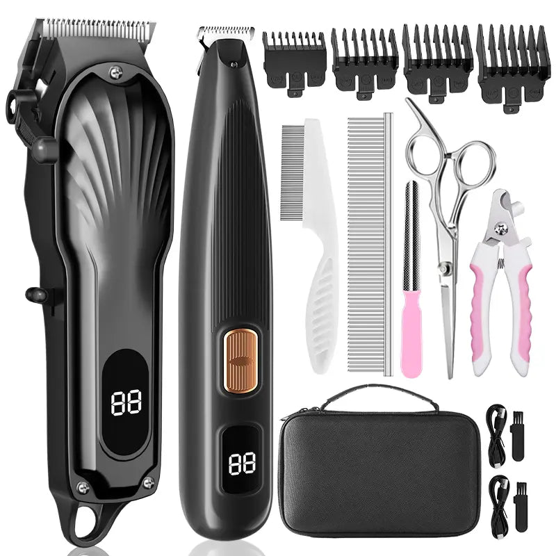 Professional Cordless Rechargeable Dog Grooming Clippers - Low Noise & Vibration, LCD Display, Complete Grooming Kit with Deodorizing Plastic Combs for Small & Large Dogs and Rabbits