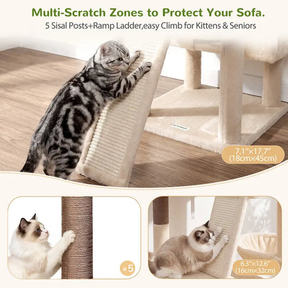 DESKAT 75-Inch Cat Tower - Premium Indoor Cat Furniture Featuring Sisal Scratching Posts, Multiple Condos, Hammocks, and Perches for Optimal Feline Play and Claw Health