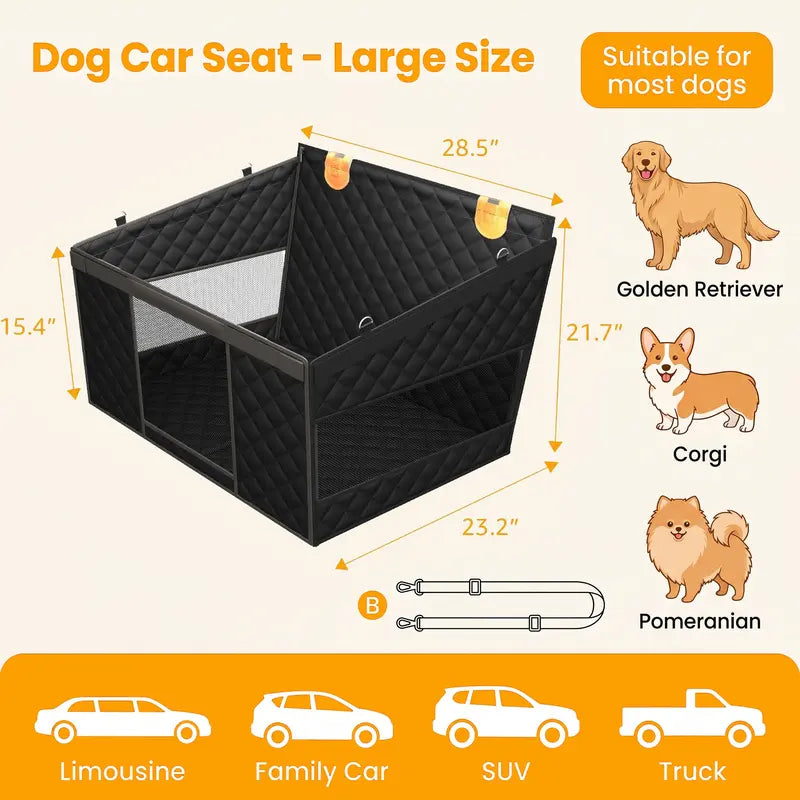 Premium Large Dog Car Seat with Triple Mesh Windows - Waterproof and Stable Quilted Back Seat Extender with Durable Hard Bottom for Optimal Vehicle Protection
