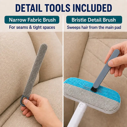 4-in-1 Manual Pet Hair Remover Brush with Long Handle, Detail Brushes, Flexible Bristles, and Reusable Pads for Easy Cleanup on Sofas and Rugs