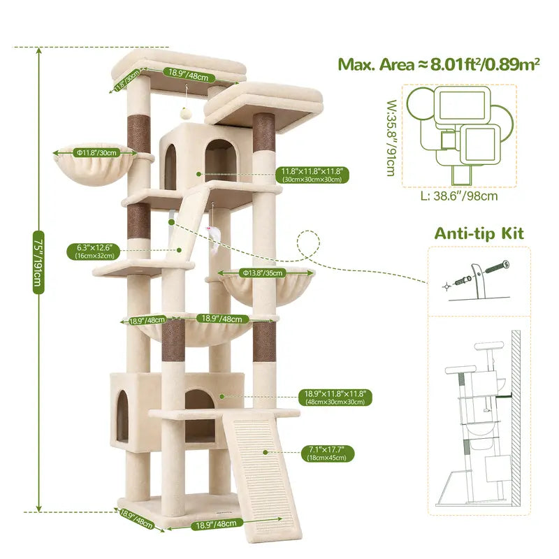 DESKAT 75-Inch Cat Tower - Premium Indoor Cat Furniture Featuring Sisal Scratching Posts, Multiple Condos, Hammocks, and Perches for Optimal Feline Play and Claw Health