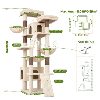 DESKAT 75-Inch Cat Tower - Premium Indoor Cat Furniture Featuring Sisal Scratching Posts, Multiple Condos, Hammocks, and Perches for Optimal Feline Play and Claw Health