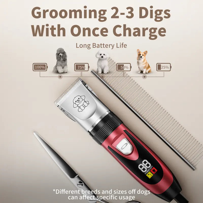 Professional Cordless Rechargeable Dog Grooming Clippers - Low Noise & Vibration, LCD Display, Complete Grooming Kit with Deodorizing Plastic Combs for Small & Large Dogs and Rabbits
