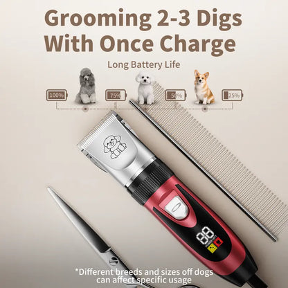 Professional Cordless Rechargeable Dog Grooming Clippers - Low Noise & Vibration, LCD Display, Complete Grooming Kit with Deodorizing Plastic Combs for Small & Large Dogs and Rabbits