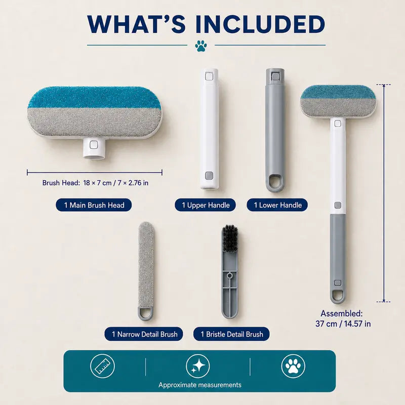 4-in-1 Manual Pet Hair Remover Brush with Long Handle, Detail Brushes, Flexible Bristles, and Reusable Pads for Easy Cleanup on Sofas and Rugs