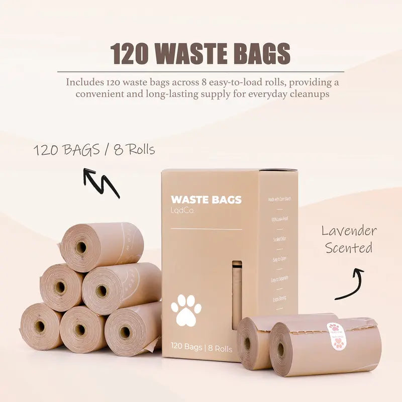 Bio-Based Lavender-Scented Dog Waste Bags - Silky Soft, Leak-Proof, Cornstarch Material - 8 Rolls, 120 Bags