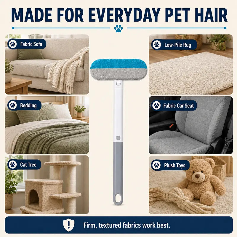 4-in-1 Manual Pet Hair Remover Brush with Long Handle, Detail Brushes, Flexible Bristles, and Reusable Pads for Easy Cleanup on Sofas and Rugs