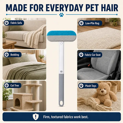 4-in-1 Manual Pet Hair Remover Brush with Long Handle, Detail Brushes, Flexible Bristles, and Reusable Pads for Easy Cleanup on Sofas and Rugs