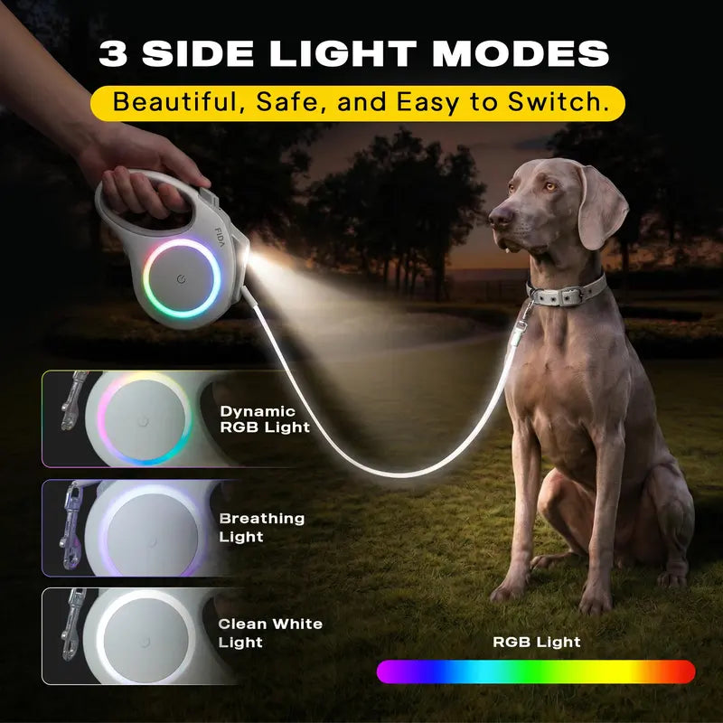 FIDA 16FT LED Retractable Dog Leash with Rechargeable Headlight, Reflective Tape, Multi-Color Side Lights & One-Hand Brake Lock for Medium and Large Dogs, Night Walking Safety