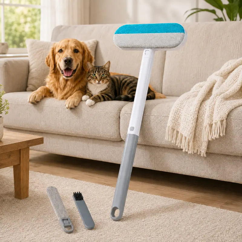 4-in-1 Manual Pet Hair Remover Brush with Long Handle, Detail Brushes, Flexible Bristles, and Reusable Pads for Easy Cleanup on Sofas and Rugs