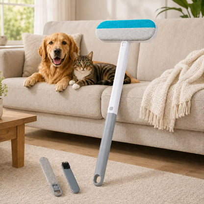 4-in-1 Manual Pet Hair Remover Brush with Long Handle, Detail Brushes, Flexible Bristles, and Reusable Pads for Easy Cleanup on Sofas and Rugs
