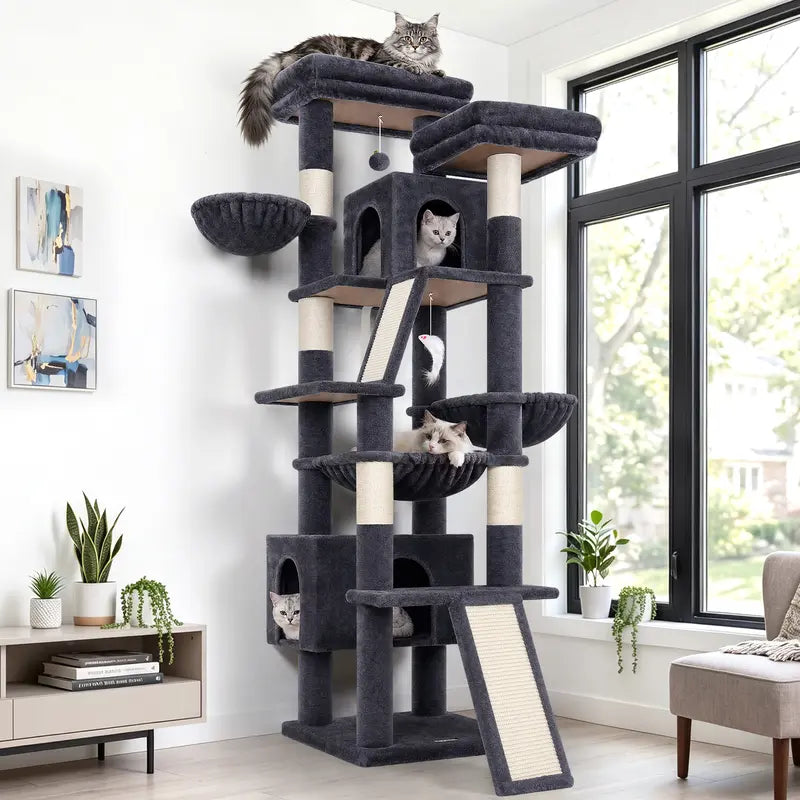 DESKAT 75-Inch Cat Tower - Premium Indoor Cat Furniture Featuring Sisal Scratching Posts, Multiple Condos, Hammocks, and Perches for Optimal Feline Play and Claw Health