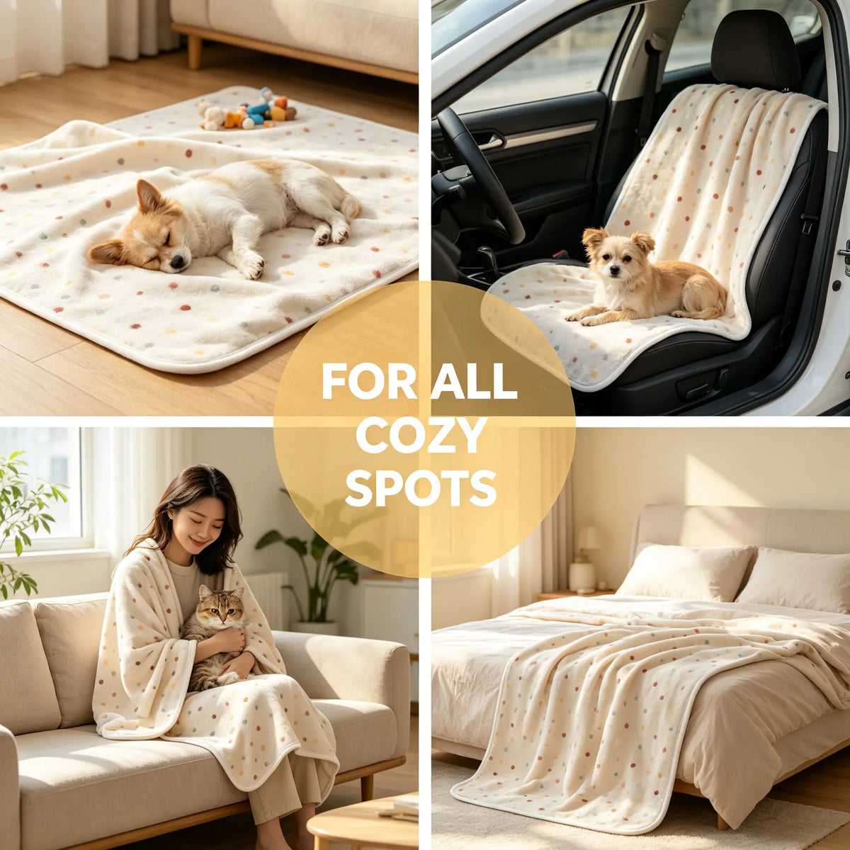 Reversible Coral Fleece Dog Blanket - Washable Plush Throw for Bed, Couch, and Car in Pink, Cream, and Light Coffee