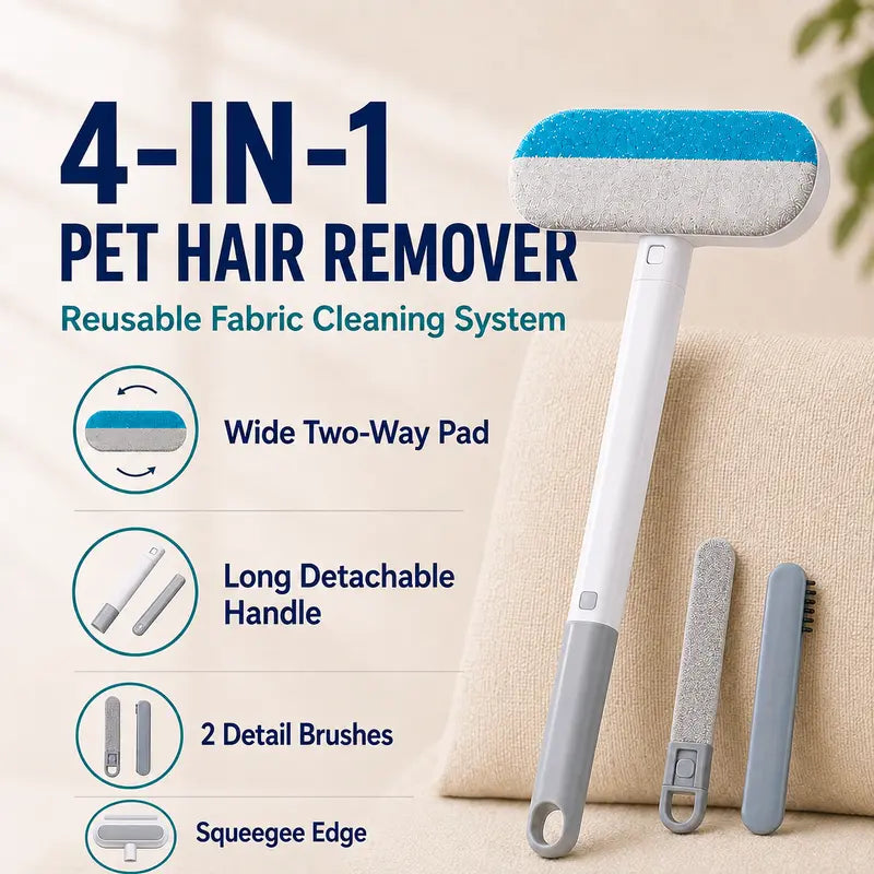 4-in-1 Manual Pet Hair Remover Brush with Long Handle, Detail Brushes, Flexible Bristles, and Reusable Pads for Easy Cleanup on Sofas and Rugs