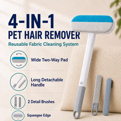 4-in-1 Manual Pet Hair Remover Brush with Long Handle, Detail Brushes, Flexible Bristles, and Reusable Pads for Easy Cleanup on Sofas and Rugs