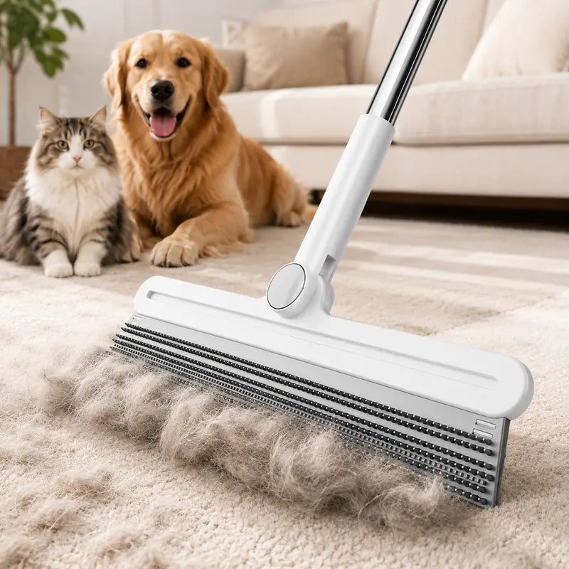 Professional Pet Hair Removal Rake and Scraper with 180° Rotating Broom, Reusable Wet/Dry Squeegee, and Silicone Scrubber for Carpets, Upholstery, Hardwood Floors, and Pet Areas - Eco-Friendly Lint Roller Alternative for Rugs, Beds, and Furniture