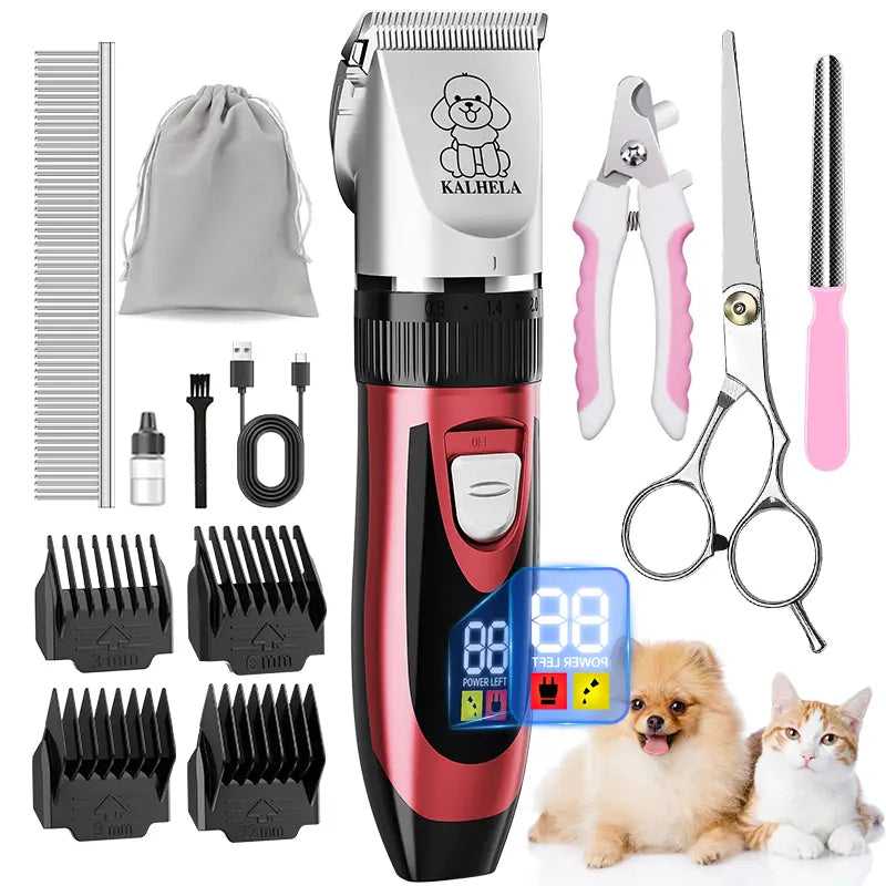 Professional Cordless Rechargeable Dog Grooming Clippers - Low Noise & Vibration, LCD Display, Complete Grooming Kit with Deodorizing Plastic Combs for Small & Large Dogs and Rabbits