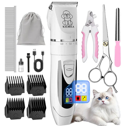 Professional Cordless Rechargeable Dog Grooming Clippers - Low Noise & Vibration, LCD Display, Complete Grooming Kit with Deodorizing Plastic Combs for Small & Large Dogs and Rabbits