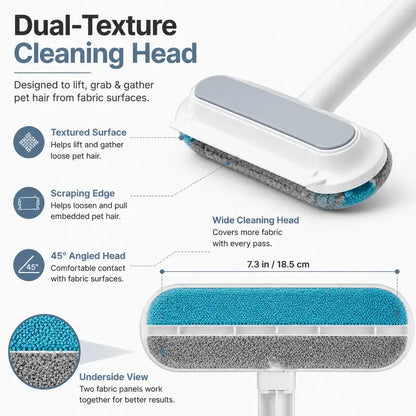 4-in-1 Manual Pet Hair Remover Brush with Long Handle, Detail Brushes, Flexible Bristles, and Reusable Pads for Easy Cleanup on Sofas and Rugs