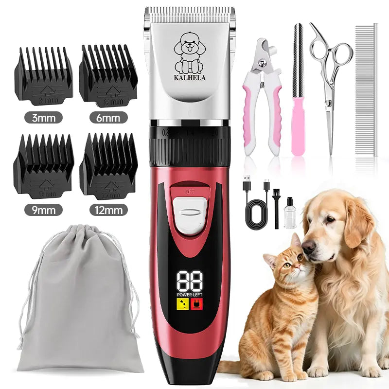Professional Cordless Rechargeable Dog Grooming Clippers - Low Noise & Vibration, LCD Display, Complete Grooming Kit with Deodorizing Plastic Combs for Small & Large Dogs and Rabbits