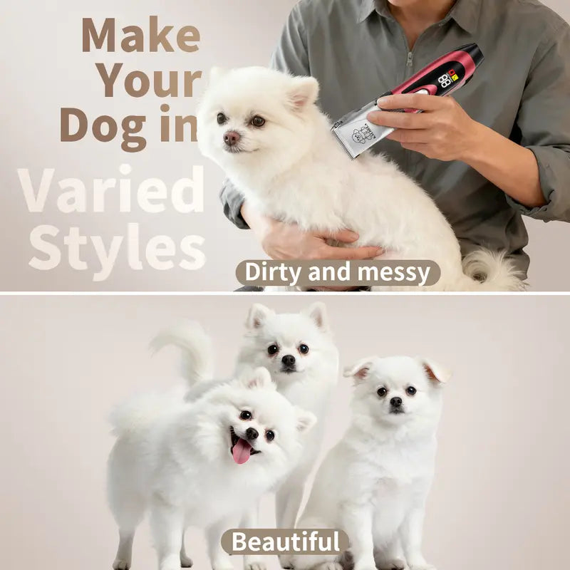 Professional Cordless Rechargeable Dog Grooming Clippers - Low Noise & Vibration, LCD Display, Complete Grooming Kit with Deodorizing Plastic Combs for Small & Large Dogs and Rabbits