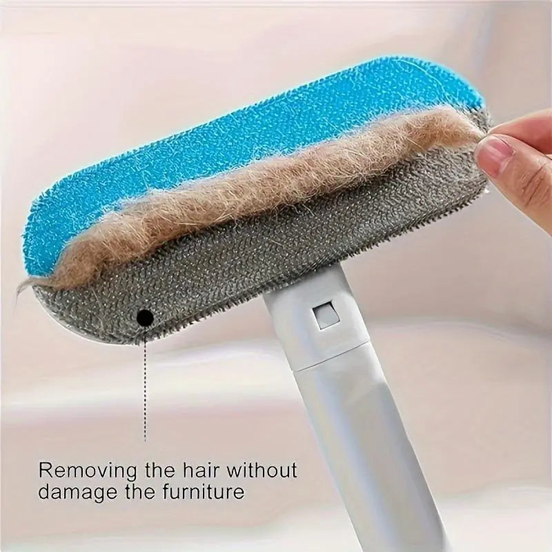 4-in-1 Manual Pet Hair Remover Brush with Long Handle, Detail Brushes, Flexible Bristles, and Reusable Pads for Easy Cleanup on Sofas and Rugs