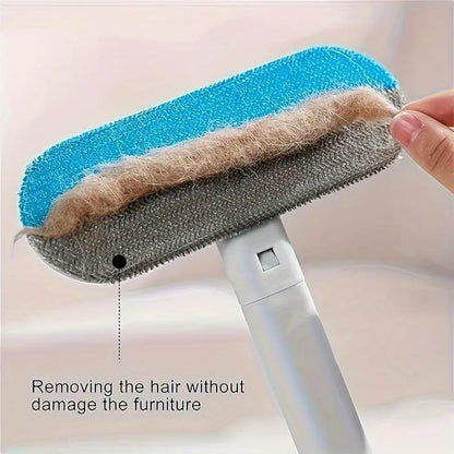 4-in-1 Manual Pet Hair Remover Brush with Long Handle, Detail Brushes, Flexible Bristles, and Reusable Pads for Easy Cleanup on Sofas and Rugs