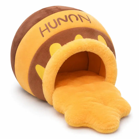 Honey Pot Shaped Cat Bed - Enclosed Cave-Style Design with Cartoon Print, Detachable Plush Cushion for Small Indoor Cats (Safe for Low Heat Dryer)
