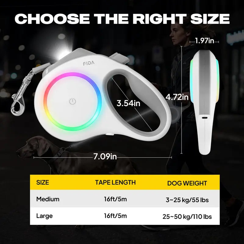 FIDA 16FT LED Retractable Dog Leash with Rechargeable Headlight, Reflective Tape, Multi-Color Side Lights & One-Hand Brake Lock for Medium and Large Dogs, Night Walking Safety
