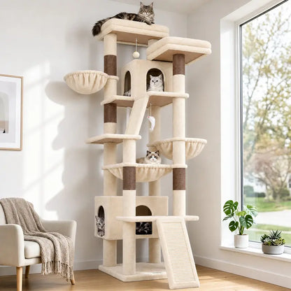 DESKAT 75-Inch Cat Tower - Premium Indoor Cat Furniture Featuring Sisal Scratching Posts, Multiple Condos, Hammocks, and Perches for Optimal Feline Play and Claw Health