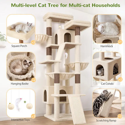 DESKAT 75-Inch Cat Tower - Premium Indoor Cat Furniture Featuring Sisal Scratching Posts, Multiple Condos, Hammocks, and Perches for Optimal Feline Play and Claw Health