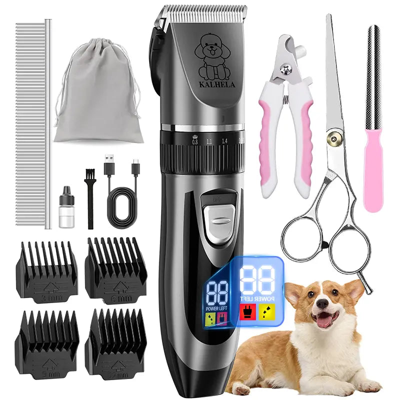 Professional Cordless Rechargeable Dog Grooming Clippers - Low Noise & Vibration, LCD Display, Complete Grooming Kit with Deodorizing Plastic Combs for Small & Large Dogs and Rabbits