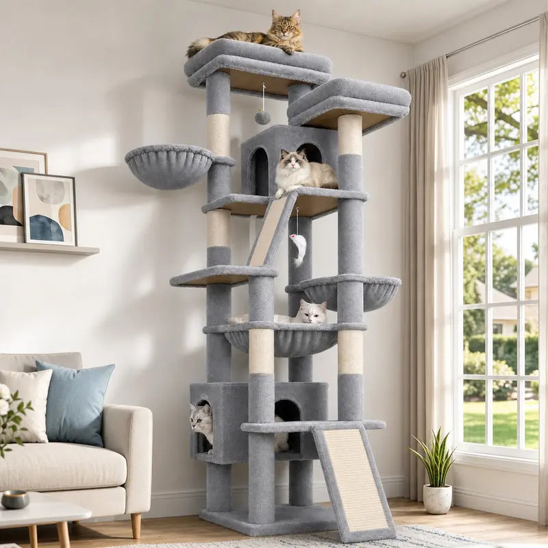 DESKAT 75-Inch Cat Tower - Premium Indoor Cat Furniture Featuring Sisal Scratching Posts, Multiple Condos, Hammocks, and Perches for Optimal Feline Play and Claw Health