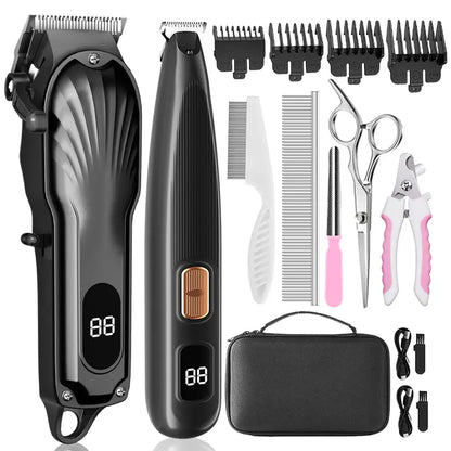 Professional Cordless Rechargeable Dog Grooming Clippers - Low Noise & Vibration, LCD Display, Complete Grooming Kit with Deodorizing Plastic Combs for Small & Large Dogs and Rabbits
