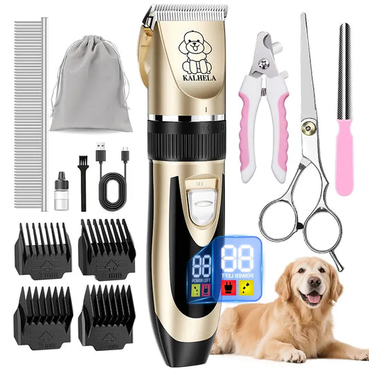 Professional Cordless Rechargeable Dog Grooming Clippers - Low Noise & Vibration, LCD Display, Complete Grooming Kit with Deodorizing Plastic Combs for Small & Large Dogs and Rabbits