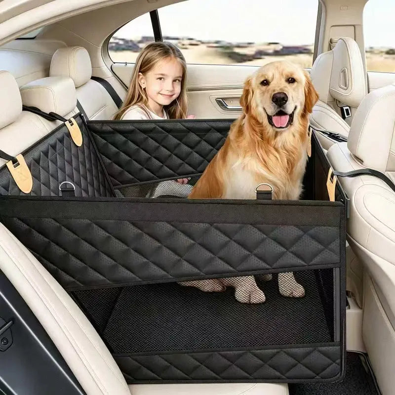 Premium Large Dog Car Seat with Triple Mesh Windows - Waterproof and Stable Quilted Back Seat Extender with Durable Hard Bottom for Optimal Vehicle Protection