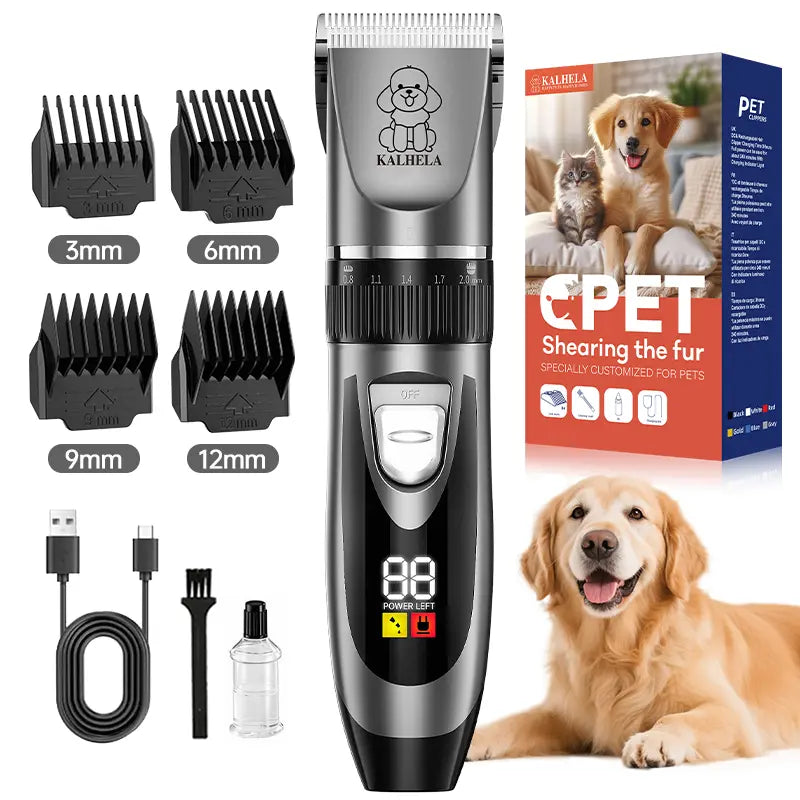 Professional Cordless Rechargeable Dog Grooming Clippers - Low Noise & Vibration, LCD Display, Complete Grooming Kit with Deodorizing Plastic Combs for Small & Large Dogs and Rabbits
